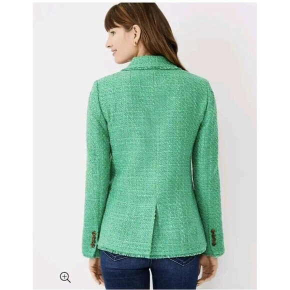 Ann Taylor Womens Kelly Green Tweed Blazer Sz 0 Fringe Career Pockets Preppy N52 - Picture 2 of 10